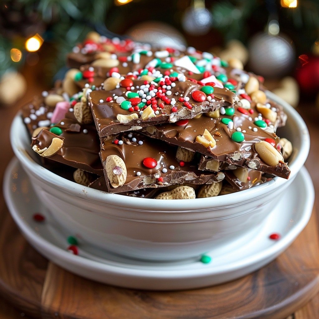 Several small clusters of milk chocolate mixed with whole nuts sit scattered on a white marbled surface. Each cluster has an irregular, bumpy texture with nuts visible inside and on the surface. The chocolate is topped with red and green sprinkles, adding bright and festive touches. One cluster near the center has a bite taken out, showing nuts embedded inside the smooth, shiny chocolate. The whole scene is bright and clear, with a soft focus on the background clusters. Photo taken with an iphone --ar 4:5 --v 7