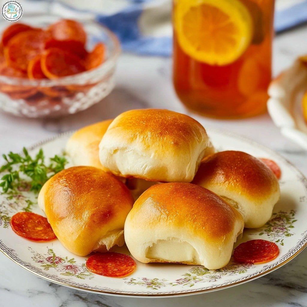 The image shows several golden-brown baked rolls on a white plate with detailed floral design. One roll is open, revealing layers inside: a shiny pepperoni slice with red and orange hues, melted white cheese stretching out, and a soft, light beige dough forming the outer layer. The rolls have a smooth, slightly shiny crust and look soft inside. In the background, there is a bunch of fresh green parsley and a small transparent bowl filled with more pepperoni slices. The setting has a white marbled texture surface and is bright with natural light. photo taken with an iphone --ar 4:5 --v 7