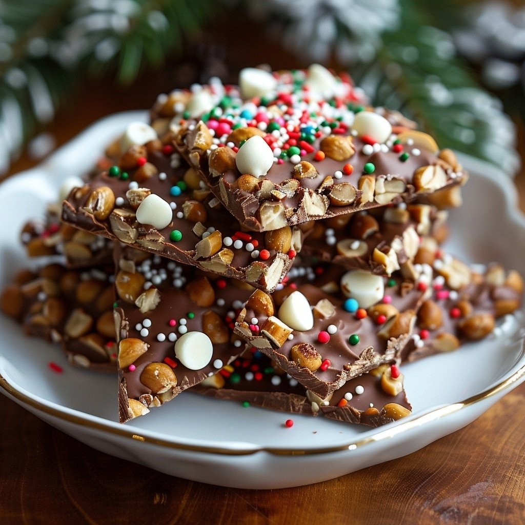 Several small clusters of milk chocolate-coated nuts sit on a white marble surface. Each cluster is made of a thick layer of smooth, shiny milk chocolate enveloping a mix of whole and sliced nuts, mainly pale tan peanuts. On top of the chocolate, red and green oblong sprinkles are scattered unevenly, adding festive color and small texture contrasts. The clusters have a slightly bumpy, uneven shape, showing the outline of the nuts inside. photo taken with an iphone --ar 4:5 --v 7
