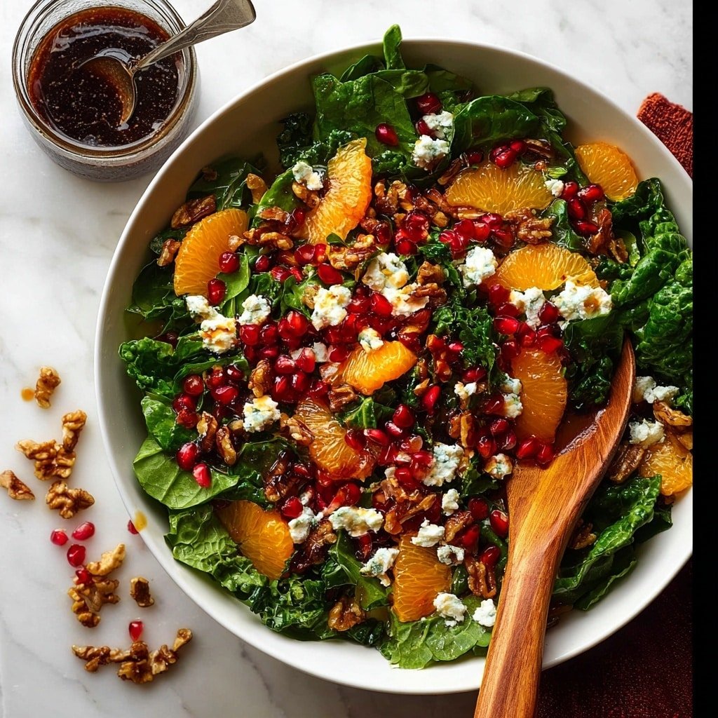Pomegranate Salad with Marinated Kale, Blue Cheese, Honey Walnuts & Pomegranate Dressing Recipe