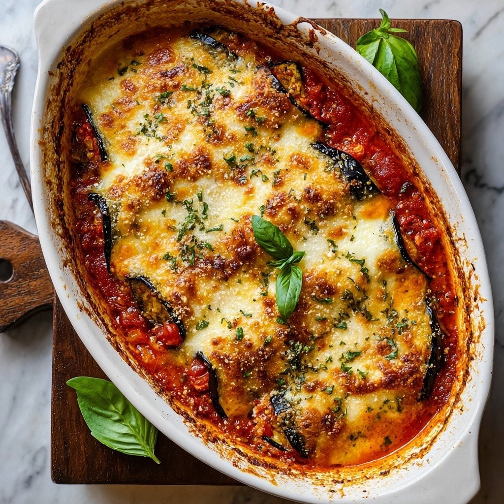 The image shows a white oval baking dish filled with a baked layered dish. The top layer is melted, golden-brown cheese with a bubbly and slightly crisp texture, sprinkled with small green herb bits. Below the cheese, there are visible layers of bright red tomato sauce and thin slices of dark purple eggplant. The sides of the dish have some baked-on sauce spots, and three fresh green basil leaves are placed on one corner as decoration. The dish is set on a wooden surface with a white marbled background partly visible. Photo taken with an iphone --ar 4:5 --v 7