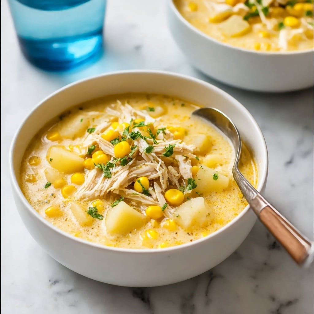 A white bowl filled with creamy soup that has a light yellow color and small orange specks throughout. The soup has visible chunks of yellow corn and soft pale yellow potatoes layered throughout. On top, there is a small mound of shredded light beige chicken mixed with corn, all sprinkled with bright green chopped herbs. A spoon with a wooden handle rests inside the bowl on the right side. In the background, another white bowl with similar soup and a tall blue glass are partly visible on a white marbled surface. Photo taken with an iphone --ar 4:5 --v 7