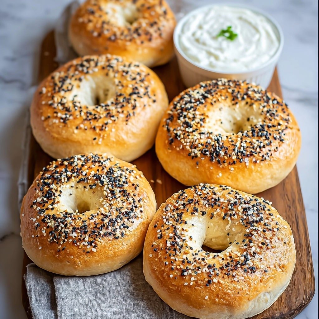 Five golden-brown bagels are arranged closely together on a wooden board, each with a shiny, smooth top sprinkled thickly with black and white sesame seeds. The bagels have a light, creamy color on their sides with a slightly puffed texture, and central holes that are round and even. There is a small white bowl in the upper right corner filled with a smooth, white cream cheese topped by a small green herb. A light gray cloth is placed under the bottom left corner of the board. The surface beneath everything is a white marbled texture photo taken with an iphone --ar 4:5 --v 7
