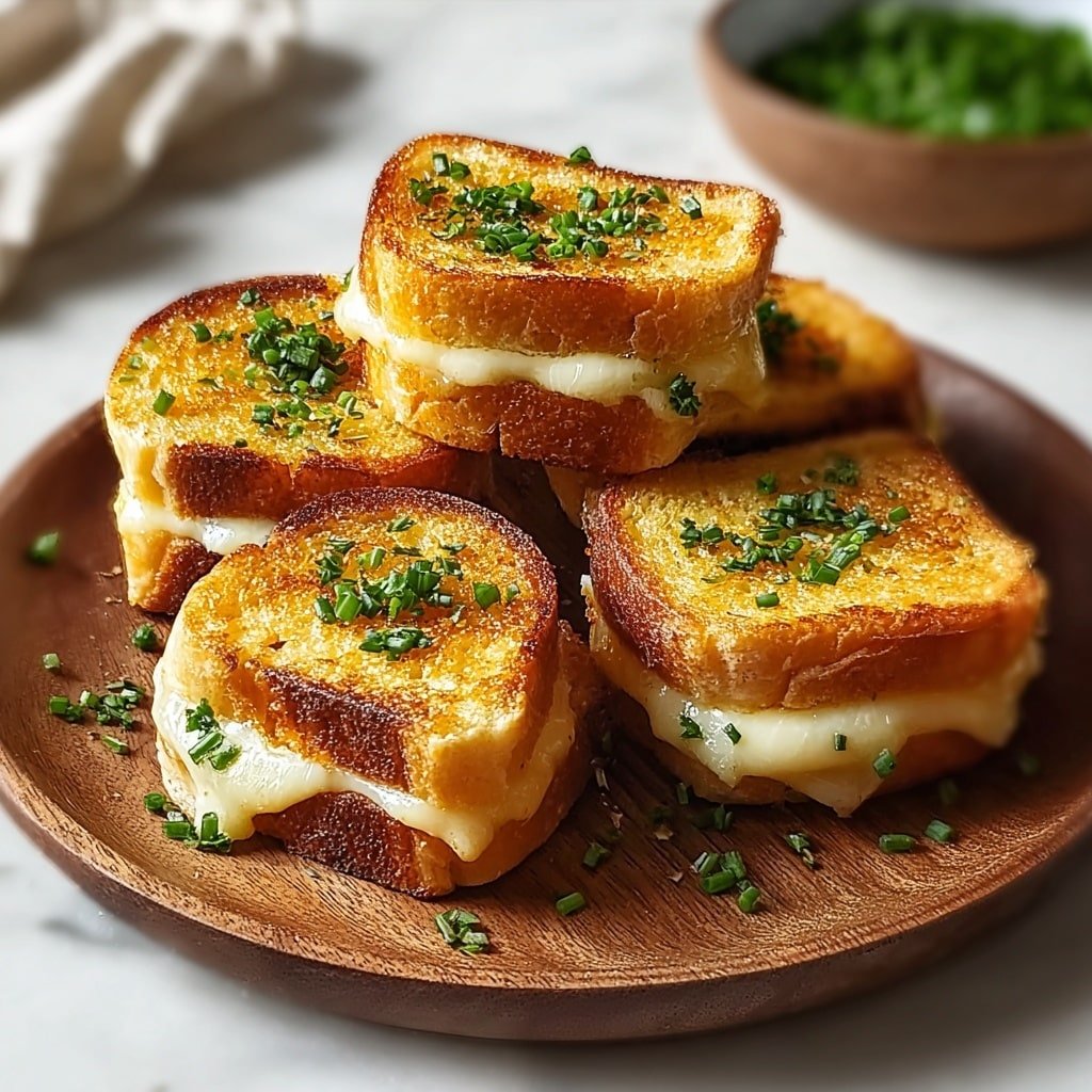 A round wooden plate holds five small grilled cheese sandwiches, each with two thick layers of golden toasted bread that look crisp and slightly browned. Between the bread layers, melted cheese blends white and yellow, oozing softly from the sides, giving a creamy texture. Small green chopped herbs are scattered on top of each sandwich, adding a fresh pop of color. The plate sits on a white marbled surface, with a blurred bowl of more green herbs visible in the background. Photo taken with an iphone --ar 4:5 --v 7