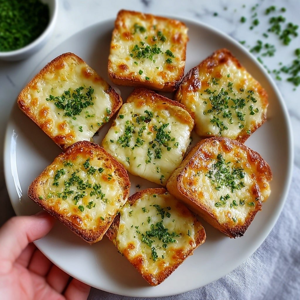 The image shows seven small square pieces of toasted bread topped with melted cheese, arranged closely on a white plate. Each piece has a golden-brown, crispy edge and a bubbly, creamy cheese layer on top, with finely chopped green herbs sprinkled evenly across all pieces. The toast has a slightly uneven browning that adds a textured look, and the plate rests on a surface with a white marbled texture. In the background, there is a white bowl filled with more chopped green herbs. A woman's hand is gently holding one piece of the toast. photo taken with an iphone --ar 4:5 --v 7