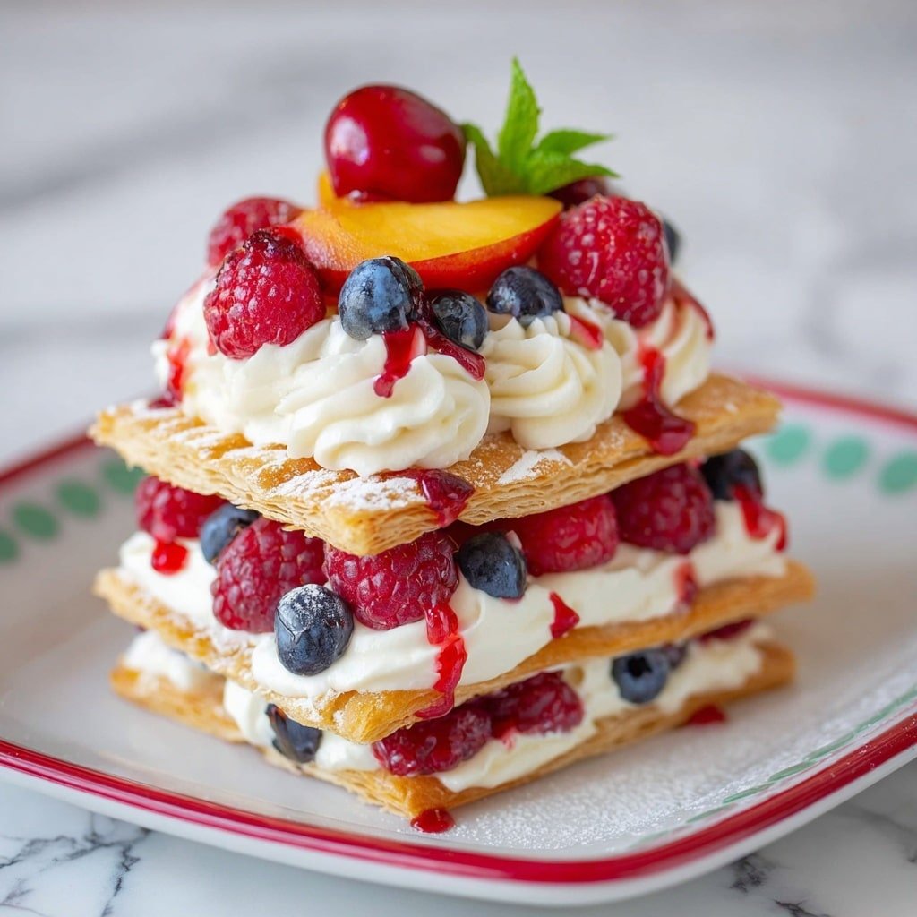 The image shows a three-layer dessert with golden puff pastry squares on the bottom, middle, and top. Between the bottom and middle layers is a thick white cream spread with fresh blueberries and raspberries peeking out. The middle and top pastry layers are also separated by a layer of white cream with more mixed berries, including strawberries and raspberries. The very top layer is decorated with swirled white cream, fresh peach pieces, blueberries, raspberries, a cherry, and a small green mint leaf, with some red berry sauce dripping down the side. The dessert is served on a white plate with a red rim, placed on a white marbled surface. Photo taken with an iphone --ar 4:5 --v 7