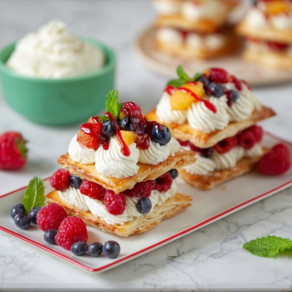 The image shows a row of three stacked square pastries on a white rectangular plate with a red border, placed on a white marbled surface. Each pastry stack has three layers: the bottom and top layers are golden brown puff pastry squares with a flaky texture, and the middle layer is whipped cream piped in thick swirls. Blueberries and raspberries are nestled between the puff pastry and cream layers, and a mix of strawberries, raspberries, blueberries, and small peach pieces with a drizzle of red sauce decorate the top, along with small green mint leaves for color. Around the plate are extra raspberries and strawberries. In the background, there is a green bowl filled with more whipped cream and another white plate with more stacked pastries, all on the white marbled surface. Photo taken with an iphone --ar 4:5 --v 7