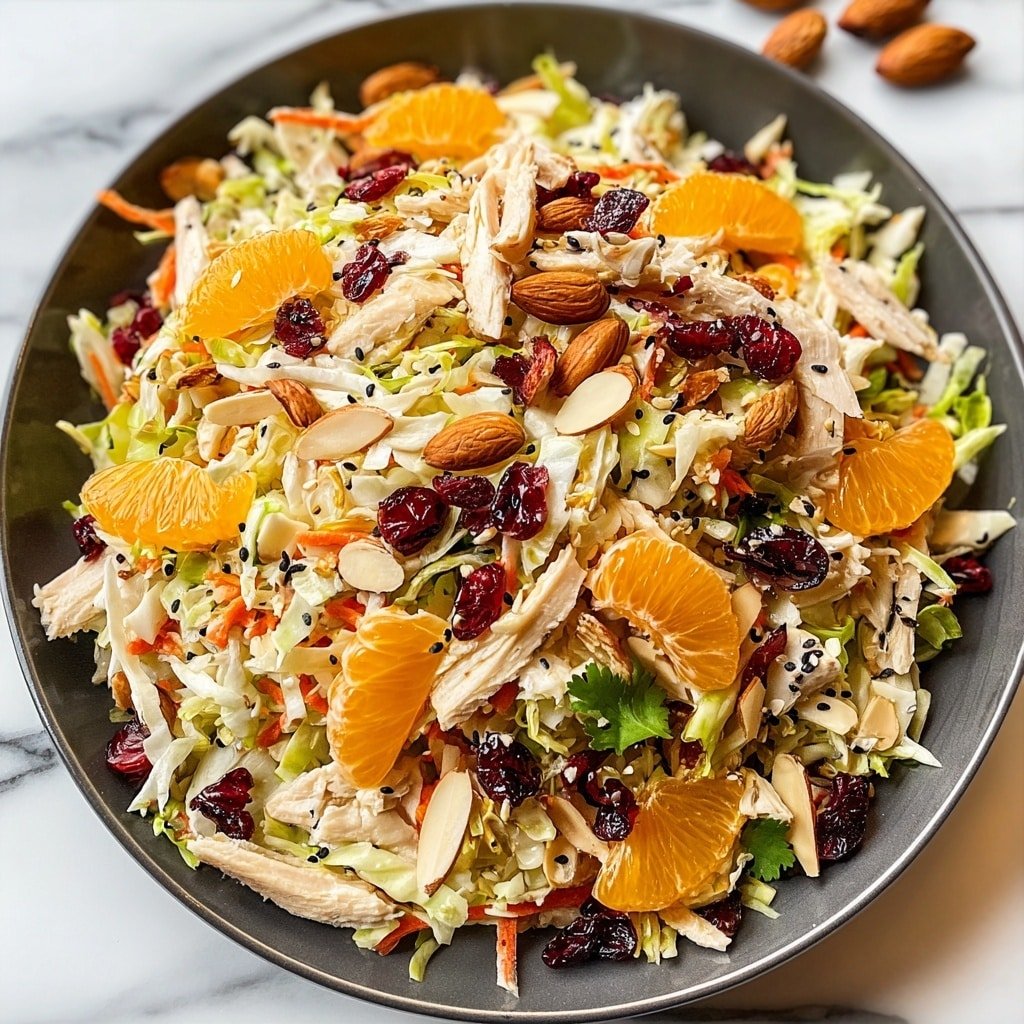 The dish is a colorful mixed salad served on a large white plate, showing multiple layers starting with shredded white and light green cabbage and thin orange carrot strips at the base. Over this base, irregular pieces of light beige cooked chicken are scattered, adding texture. On top, there are bright orange mandarin slices, whole almonds with a smooth brown shell, small clusters of red dried cranberries, and thin pale sliced almonds sprinkled across. Tiny black sesame seeds are scattered on the surface, along with a few small green cilantro leaves for color contrast. The salad looks fresh, textured, and vibrant, set against a white marbled surface. Photo taken with an iphone --ar 1:1 --v 7