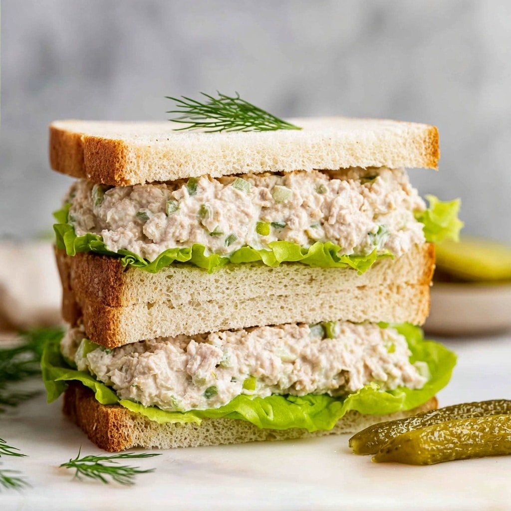 The image shows a sandwich made of three slices of soft white bread stacked to form two layers. Between each bread layer, there is a thick spread of creamy tuna salad mixed with small green herbs and bits of celery, giving a textured look. Below the tuna salad on both layers, there is a fresh bright green leaf of lettuce adding a crisp texture. The top slice of bread is decorated with a small green sprig of dill. The sandwich is placed on a white marbled surface with small pieces of dill and a couple of pickles near it. The whole picture is crisp and clear, focusing on the sandwich's layers and colors. photo taken with an iphone --ar 4:5 --v 7