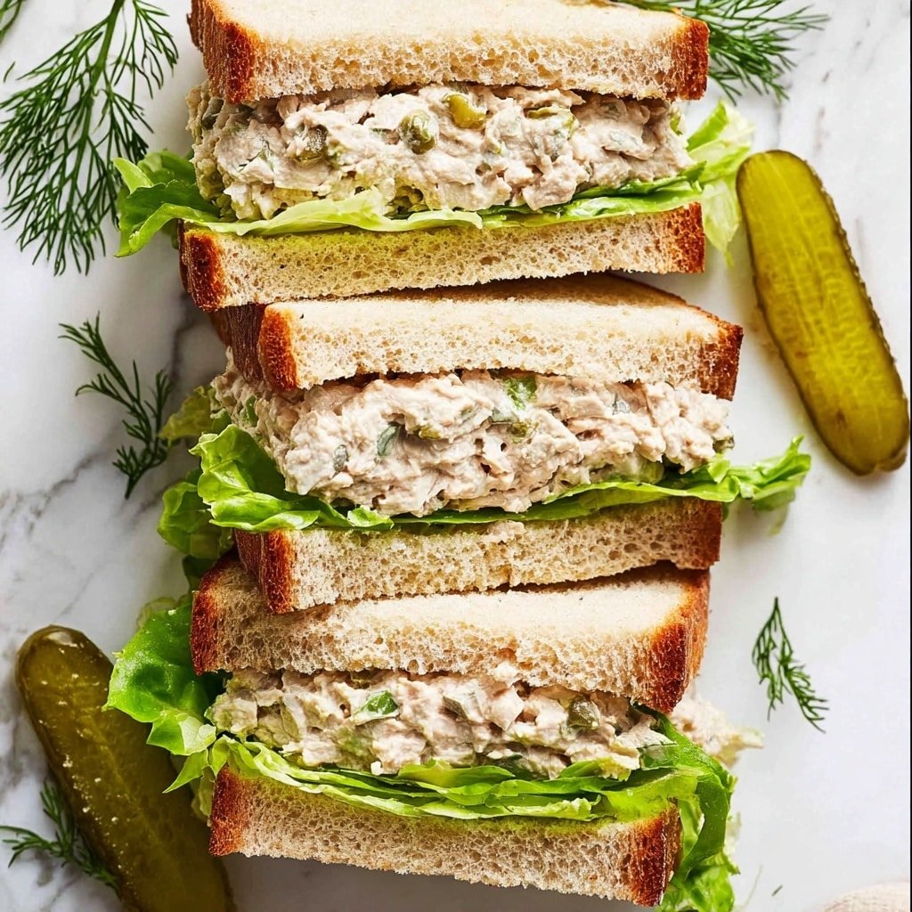 The image shows a sandwich made of three slices of light brown bread with a soft texture and crust edges. Between the bread layers, there is a thick spread of creamy tuna salad mixed with small bits of herbs, giving a slightly speckled look. Fresh, crisp green lettuce leaves add a bright, leafy layer under the tuna salad in each sandwich section. Some small sprigs of fresh dill are scattered on top and around the sandwich for decoration. To the left side, there are a few green pickle slices partially visible. The sandwich rests on a white marbled surface with light and soft patterns. Photo taken with an iphone --ar 4:5 --v 7