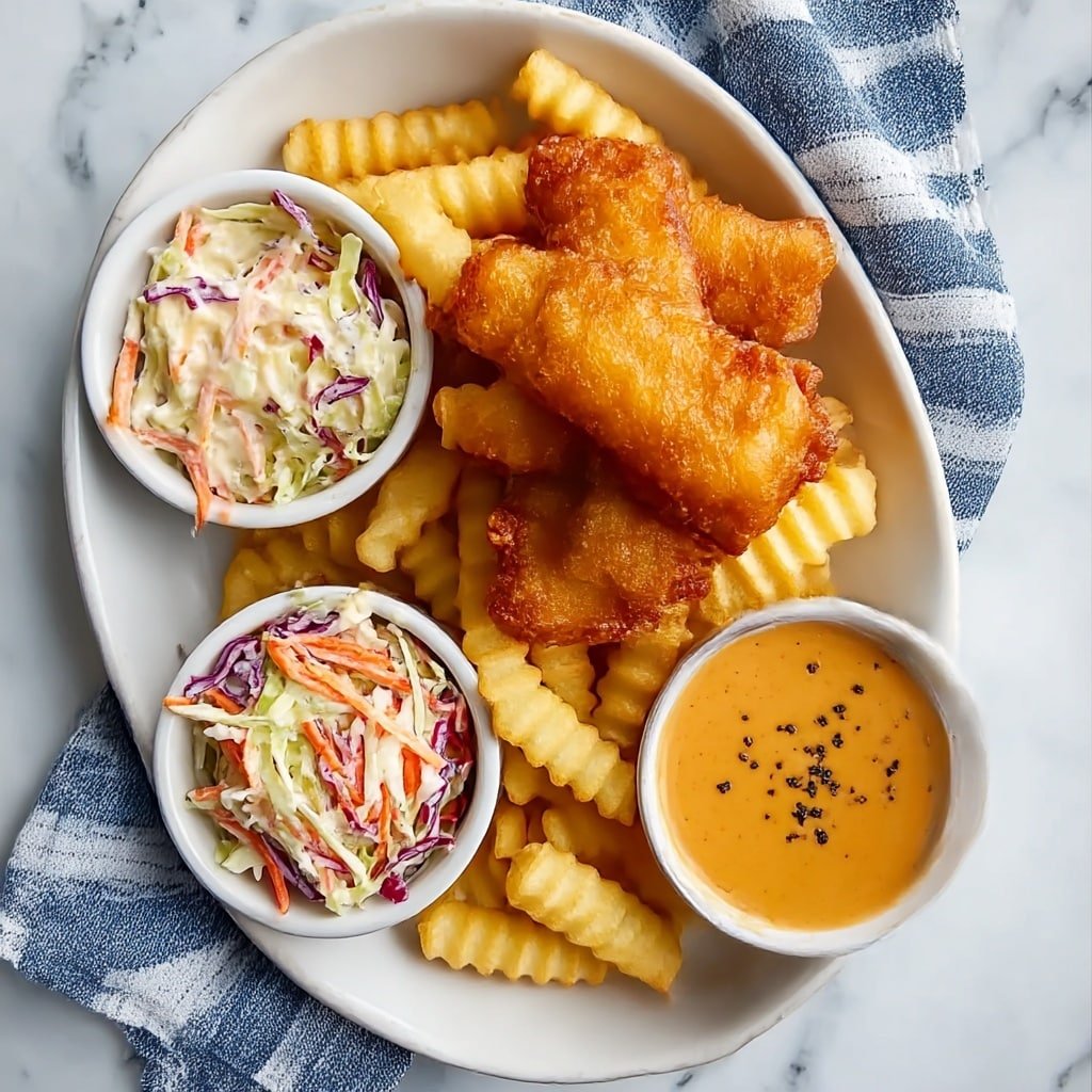 A white oval plate holds a meal with three golden-brown crispy fried fish pieces stacked on the right side, over a bed of light golden crinkle-cut fries filling the left and center parts. Below the fries are two small white bowls: the left bowl contains colorful coleslaw with shredded white, purple cabbage, and orange carrot mixed with creamy dressing, and the right bowl holds a smooth orange dipping sauce with black pepper flakes sprinkled on top. The plate sits on a white marbled surface with a blue and white striped cloth casually placed to the right. photo taken with an iphone --ar 4:5 --v 7