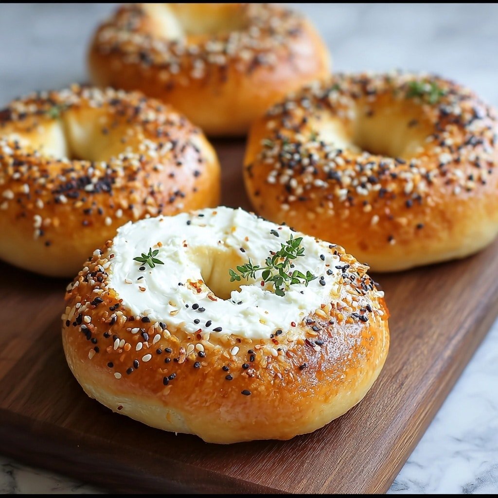 The image shows a close-up of four golden brown bagels arranged on a wooden board. Each bagel has a smooth, shiny crust with a light texture and is topped with a mix of white and black sesame seeds. One bagel in the front center stands out with a thick layer of creamy white spread on top, sprinkled with seeds, and garnished with a small green sprig of thyme. The bagels are soft and fluffy with a well-defined hole in the middle, resting against the white marbled textured background. photo taken with an iphone --ar 4:5 --v 7