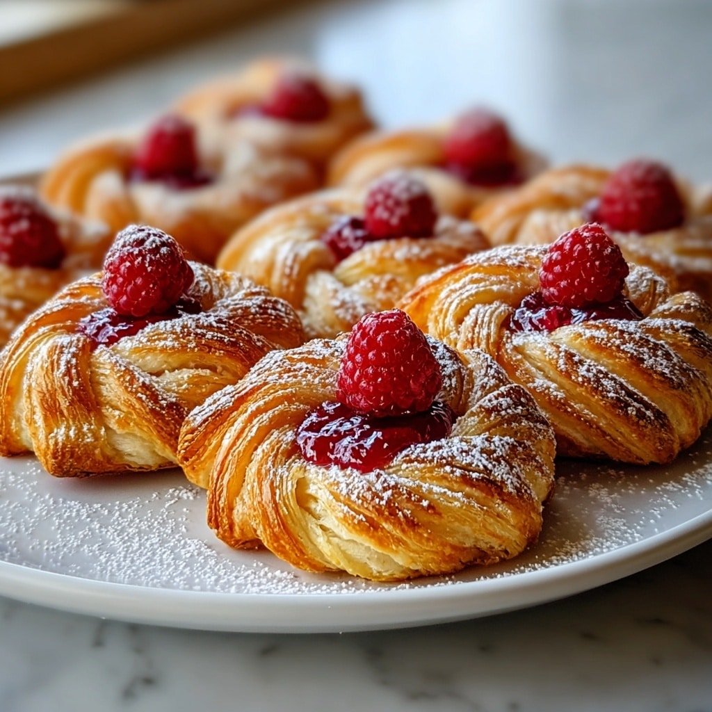 A white plate holds a group of golden brown pastries, each pastry made of many thin, flaky layers. The pastries are shaped in rectangles and filled with bright red raspberries that peek out from openings on the top. Each raspberry is covered with a light dusting of white powdered sugar, which also lightly covers the tops of the pastries. The plate is placed on a white marbled surface, and the soft natural light highlights the gloss and flakiness of the pastries. photo taken with an iphone --ar 4:5 --v 7
