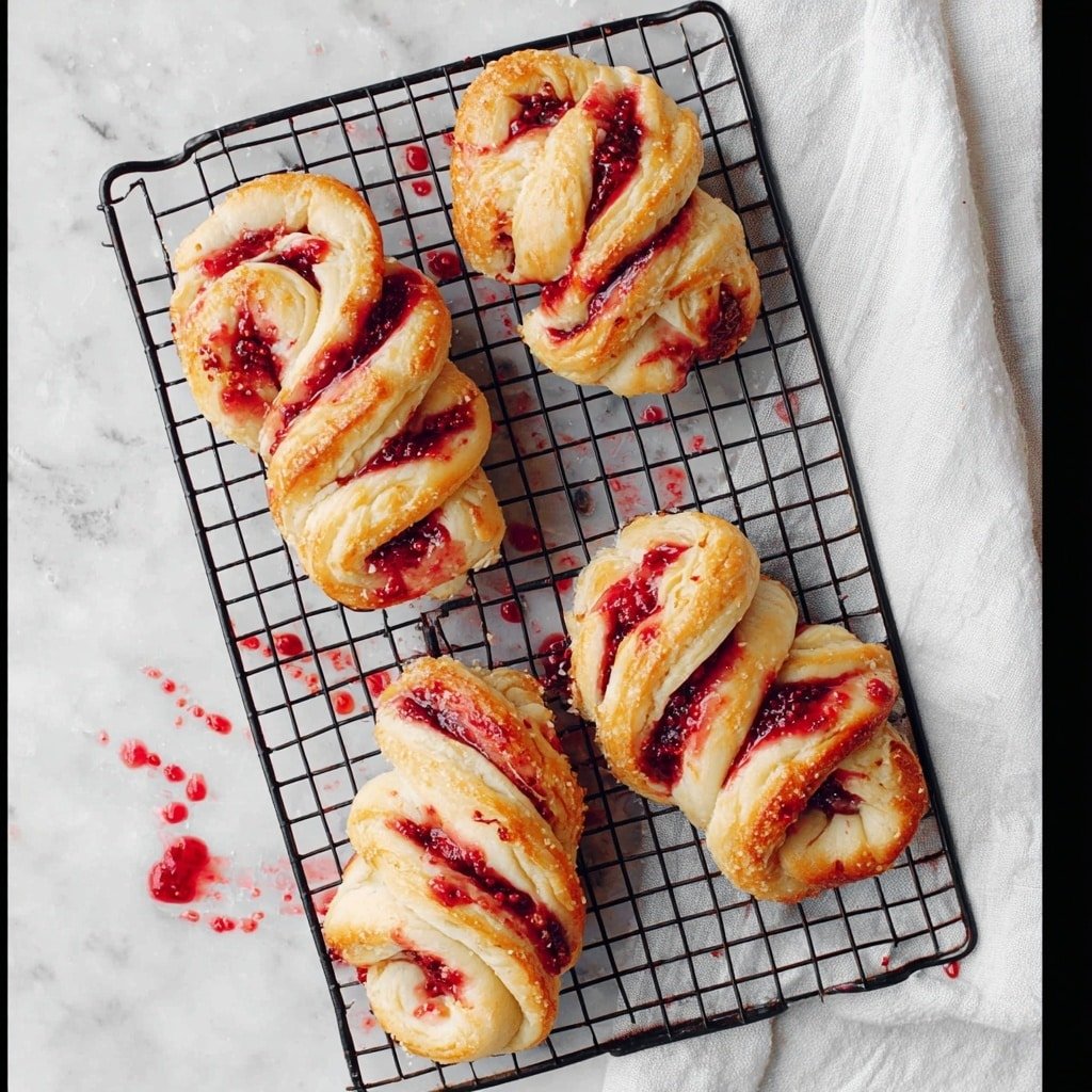 Four twisted pastries with a light golden-brown color are placed on a black cooling rack, each showing layers of soft dough mixed with bright red jam that oozes out in spots. The pastries have a slightly rough texture with folds and swirls where the jam is thicker. Red jam drops and smears are scattered across the white marbled surface around the rack. A white cloth is underneath part of the rack on the right side. The whole scene looks fresh and lightly messy, showing the burst of red jam against the pale dough and the clean background. Photo taken with an iphone --ar 4:5 --v 7