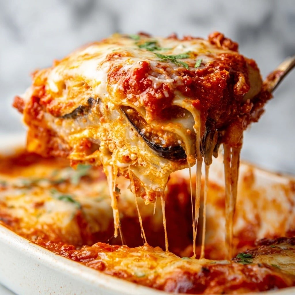 The image shows a close-up of a slice of baked lasagna being lifted from a white dish. The lasagna has many layers including a top layer of melted, slightly browned cheese that stretches long, melted cheese strands as the slice is lifted. Below the cheese, there is a thick red tomato sauce with chunks of vegetables or meat visible. Underneath the sauce are layers of soft pasta sheets, interspersed with creamy white cheese and more sauce. The lasagna edges look slightly crispy and browned. The background surface is a white marbled texture. Photo taken with an iphone --ar 4:5 --v 7