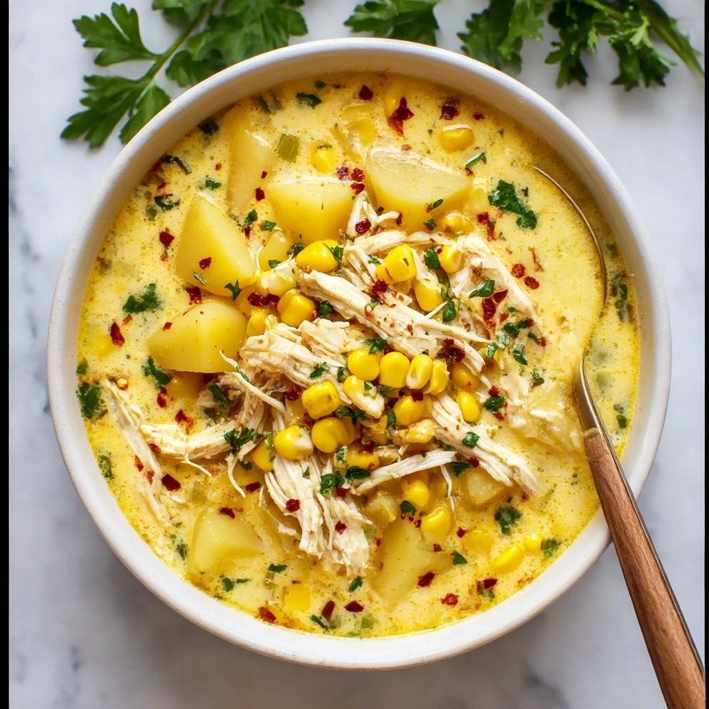 A white bowl filled with a creamy yellow soup layered with tender shredded chicken, soft yellow potato chunks, and bright yellow corn kernels. The soup is speckled with small green herb pieces and red chili flakes, adding texture and color contrast. A spoon with a wooden handle rests on the right side, partially submerged in the soup. The bowl sits on a white marbled surface with some green parsley leaves in the background. photo taken with an iphone --ar 4:5 --v 7