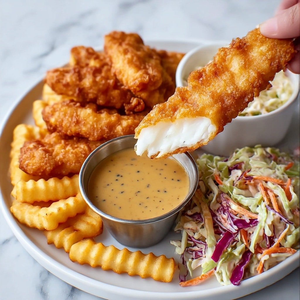 The image shows a white plate with a layer of crispy golden brown fried chicken strips stacked on one side, showing a crunchy texture. Next to the chicken is a white bowl filled with coleslaw made of thinly sliced white cabbage, purple cabbage, and orange carrots mixed with a creamy dressing. Beside the bowl is a small white ramekin filled with a smooth light brown dipping sauce. The plate is placed on a white marbled surface and the lighting highlights the textures and colors of the food. photo taken with an iphone --ar 4:5 --v 7