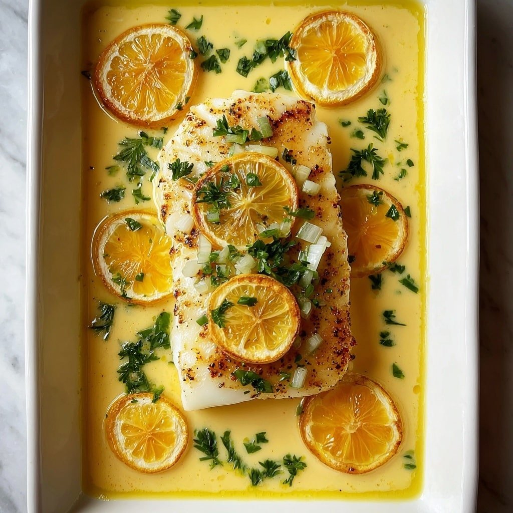 A close-up view shows a piece of golden-brown fish with a crispy texture and sprinkles of fresh green herbs on top, held by a silver fork above a white dish filled with creamy yellow sauce dotted with herbs. Inside the sauce, there are more pieces of the same fish, each with a similar crispy top, and two bright yellow lemon wedges placed on the right side of the dish. The background is a white marbled texture, creating a clean and fresh look. photo taken with an iphone --ar 1:1 --v 7