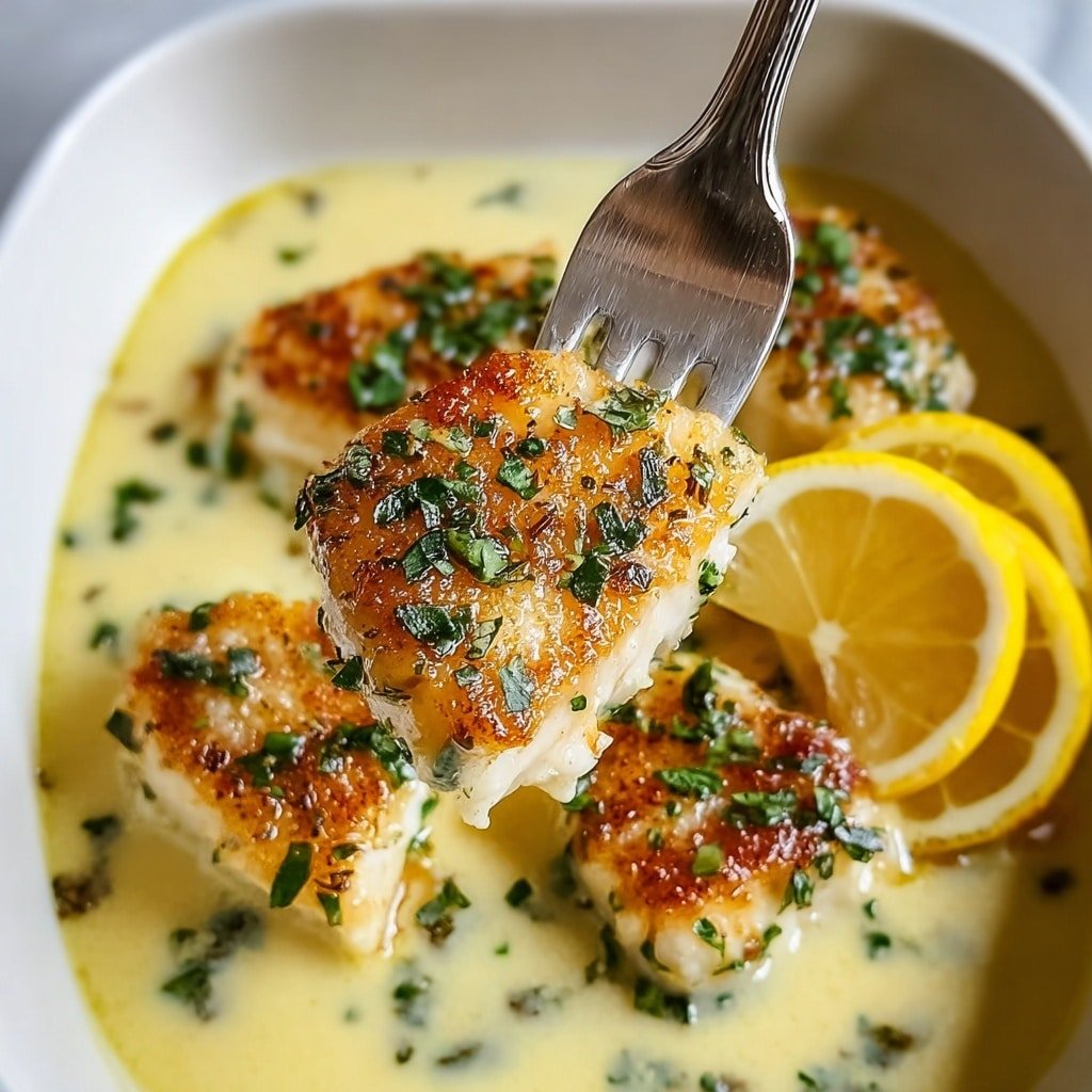 The image shows four pieces of golden-brown cooked fish placed in a white bowl, each piece topped with small green herb bits and lightly crispy edges. Two bright yellow lemon wedges are positioned in the center, adding color contrast. The fish sits in a creamy pale yellow sauce that has small orange oil droplets and green herb pieces spread evenly through the sauce. The background surface is a white marbled texture. photo taken with an iphone --ar 1:1 --v 7