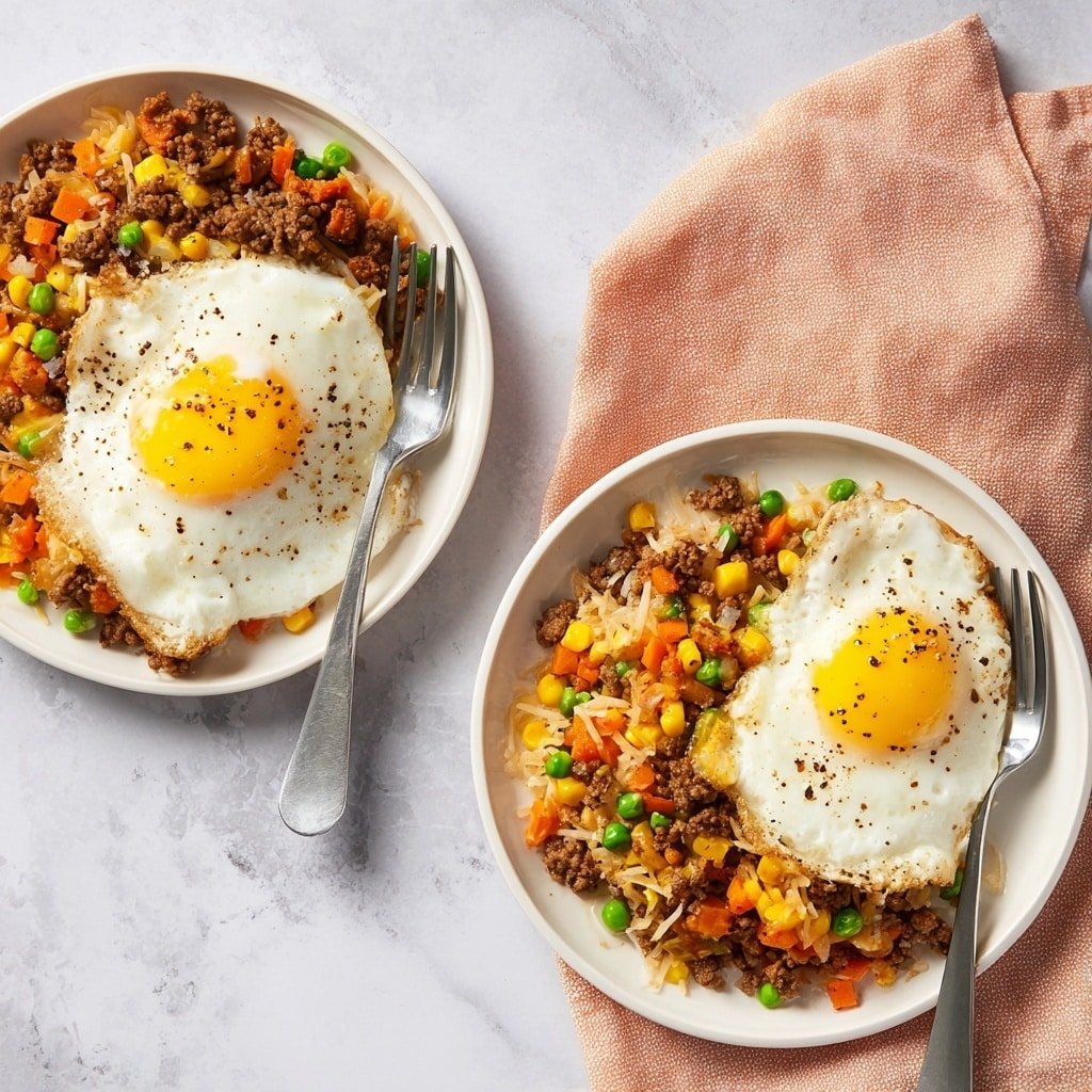 Two white plates on a white marbled surface, each holding a meal with two main parts. On one side of each plate, there is a sunny-side-up egg with a bright yellow yolk and white edges sprinkled with black pepper. On the other side, there is a mix of browned ground meat, shredded orange cheese, yellow corn, green peas, and small carrot pieces, creating a colorful layered texture. Both plates have a silver fork resting on them, and one plate is placed on a light peach cloth. photo taken with an iphone --ar 1:1 --v 7