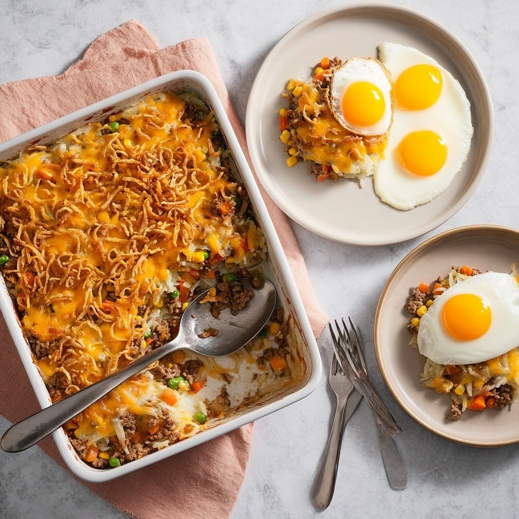 A square white dish filled with a layered casserole. The bottom layer has light brown shredded potatoes, topped by a middle layer of mixed cooked vegetables including small orange carrots, yellow corn, and green beans mixed with browned ground meat. The top layer is a melting layer of shredded golden cheddar cheese and crispy light brown fried onion bits. A metal spoon rests inside the dish, scooping a portion out. Next to the casserole, a white plate has a serving of the same casserole, showing the mixed layers clearly. To the right, a white plate holds three sunny-side-up eggs with bright yellow yolks and slightly browned edges, with a spatula holding one egg on the plate. The scene is set on a white marbled textured surface, with a folded light pink cloth under the casserole dish and two forks lying nearby. Photo taken with an iphone --ar 1:1 --v 7