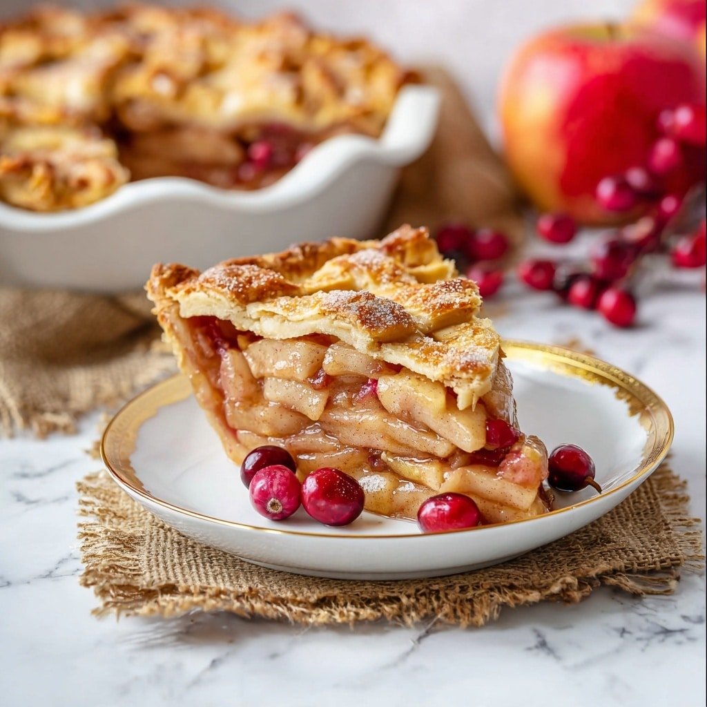 A slice of apple pie sits on a white plate with a gold rim, placed on a coarse brown cloth on a white marbled surface. The pie slice shows many thin layers of soft, light brown cooked apple pieces stacked together with a shiny, slightly golden lattice crust on top that has a grainy sugar texture. Around the plate are small bright red cranberries, and in the background, there is a white pie dish containing the rest of the pie with the same lattice crust design, slightly browned edges, and visible apple filling. A few fresh red apples and extra cranberries are placed behind the pie dish. Photo taken with an iphone --ar 1:1 --v 7