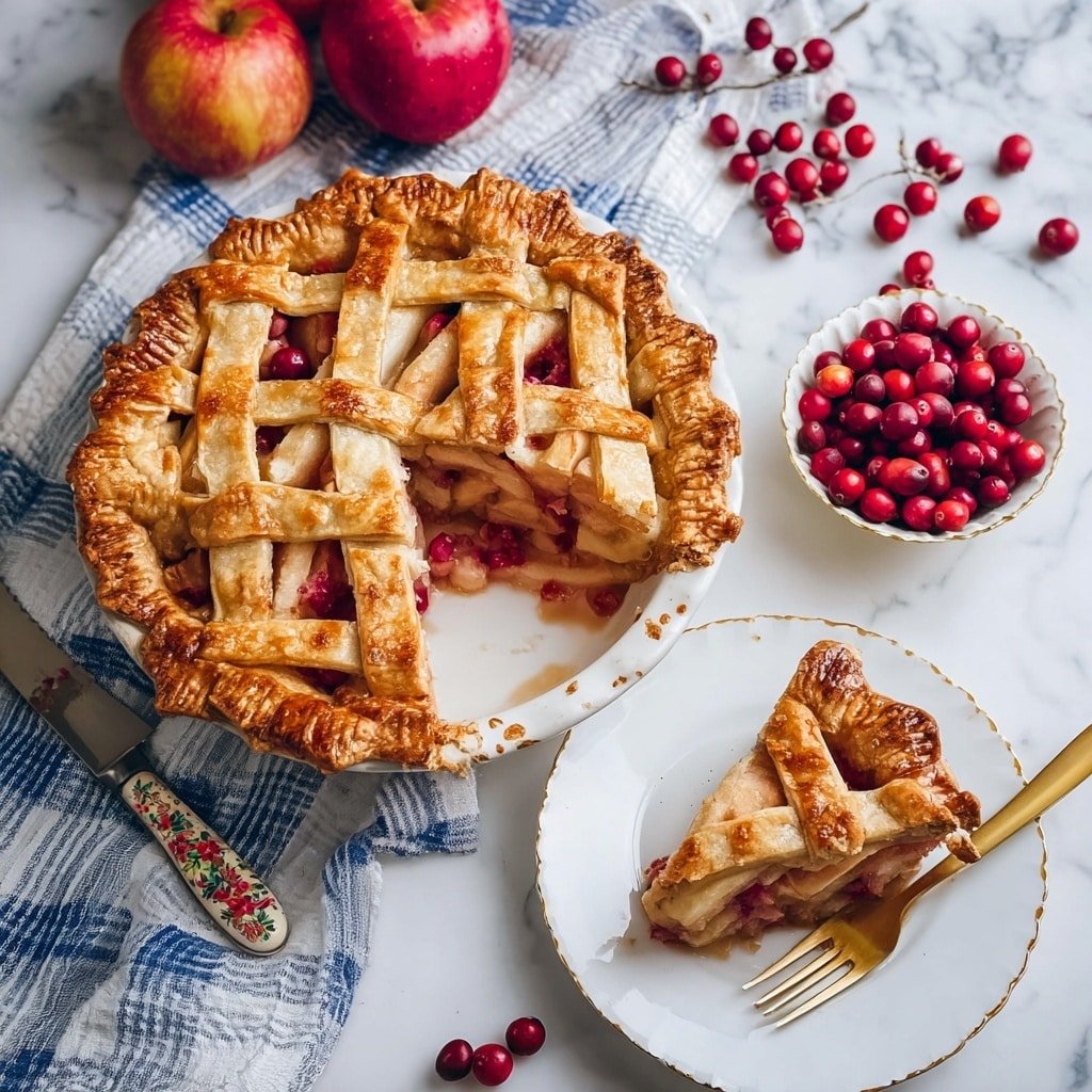 A round white pie dish holds a golden brown lattice apple pie with crimped edges. The pie has a visible slice removed, showing about seven layers of thinly sliced apples with a soft, light brown texture mixed with bright red cranberries. The top crust is shiny with sugar crystals, and pieces of red cranberries peek through the lattice. A white plate with a gold rim sits behind the pie, holding the removed slice with the same layered apple and cranberry filling, and a gold fork rests on the plate. In the background, three red apples and loose cranberries are placed around a white bowl filled with more cranberries. The scene is set on a white marbled surface with a blue and white checkered cloth under the pie, and a small knife is placed near the pie dish. Photo taken with an iphone --ar 1:1 --v 7