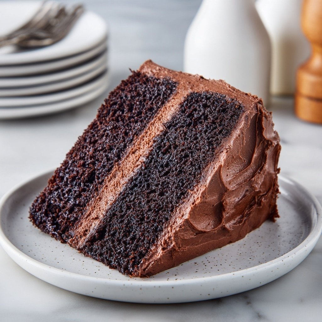 A single slice of two-layer chocolate cake sits on a white plate with small gray specks. The cake layers are dark brown and moist, with a thin, rich chocolate frosting layer between them. The outside of the slice is covered with thick, creamy chocolate frosting that looks a bit textured. The plate rests on a white marbled surface, and two white bottles and stacked white plates with a wooden object blurred in the background complete the scene. photo taken with an iphone --ar 1:1 --v 7